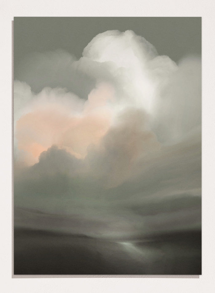 Shop Tempesta by Dan Hobday, a dramatic landscape wall art print featuring storm clouds, moody skies, soft gray-green tones, and a subtle peach glow.