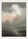 Shop Tempesta by Dan Hobday, a dramatic landscape wall art print featuring storm clouds, moody skies, soft gray-green tones, and a subtle peach glow.