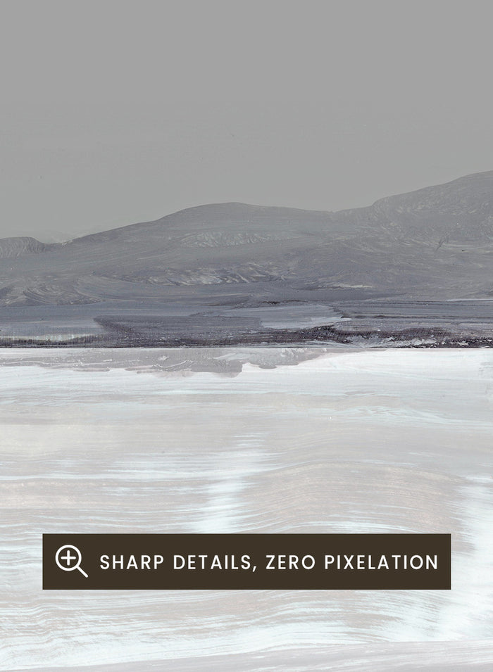 Shop Tides by Dan Hobday, a contemporary coastal landscape art print featuring pale blue water, distant hills, soft gray tones, and layered brush texture.