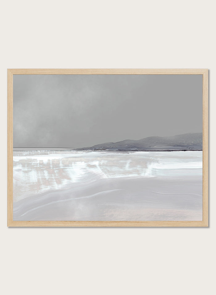 Shop Tides by Dan Hobday, a contemporary coastal landscape art print featuring pale blue water, distant hills, soft gray tones, and layered brush texture.