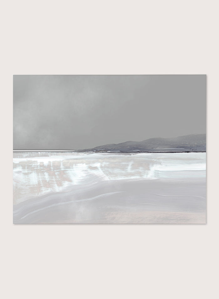 Shop Tides by Dan Hobday, a contemporary coastal landscape art print featuring pale blue water, distant hills, soft gray tones, and layered brush texture.