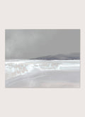 Shop Tides by Dan Hobday, a contemporary coastal landscape art print featuring pale blue water, distant hills, soft gray tones, and layered brush texture.