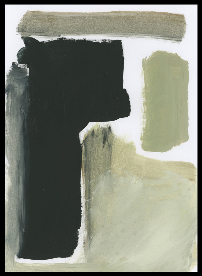Shop Total by Dan Hobday, a contemporary abstract art print featuring charcoal black, olive green, sage, and beige with bold textured forms.