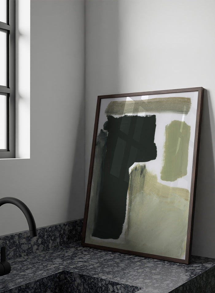 Shop Total by Dan Hobday, a contemporary abstract art print featuring charcoal black, olive green, sage, and beige with bold textured forms.