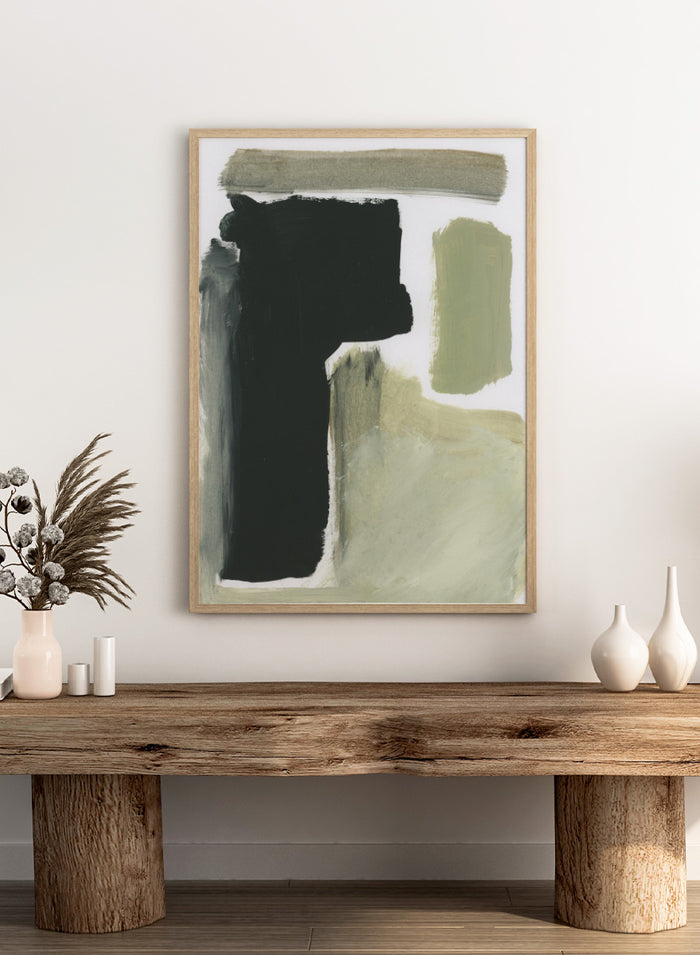 Shop Total by Dan Hobday, a contemporary abstract art print featuring charcoal black, olive green, sage, and beige with bold textured forms.