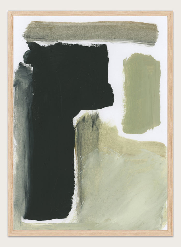Shop Total by Dan Hobday, a contemporary abstract art print featuring charcoal black, olive green, sage, and beige with bold textured forms.