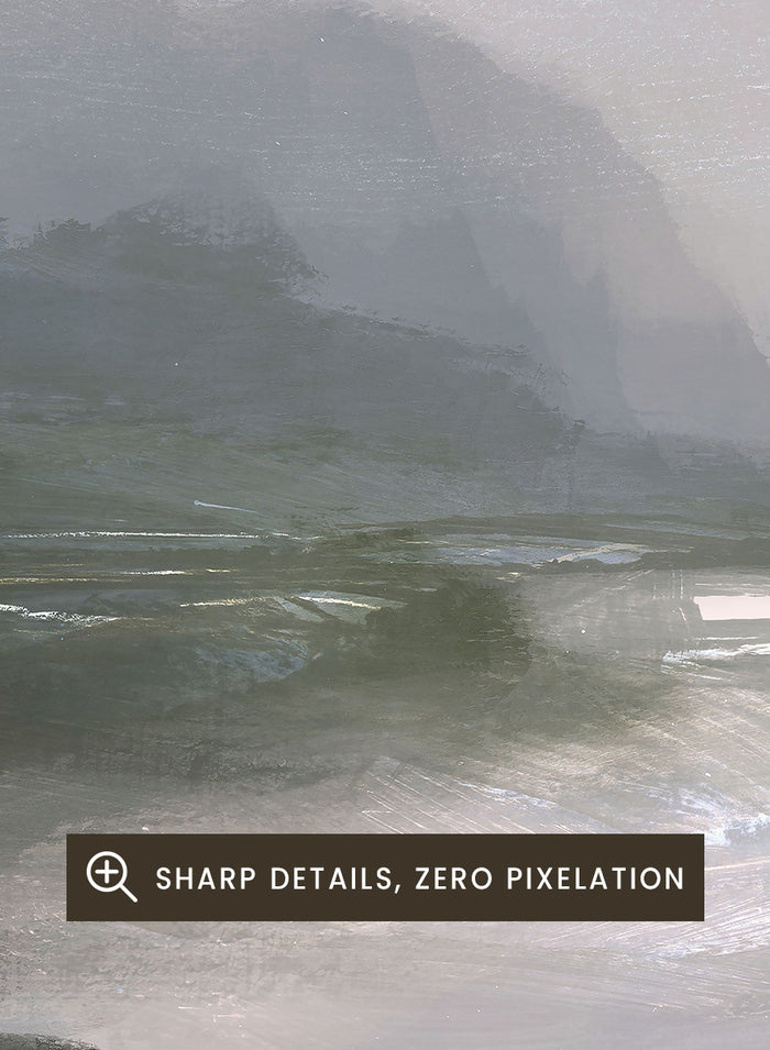 A framed landscape art print depicting a misty river scene with dark green hills, a reflective river, and a pale gray sky. Shop Tranquillitas by Dan Hobday, a contemporary landscape wall art print featuring reflective water, distant hills, dark green trees, and soft gray tones.