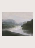 A framed landscape art print depicting a misty river scene with dark green hills, a reflective river, and a pale gray sky. Shop Tranquillitas by Dan Hobday, a contemporary landscape wall art print featuring reflective water, distant hills, dark green trees, and soft gray tones.