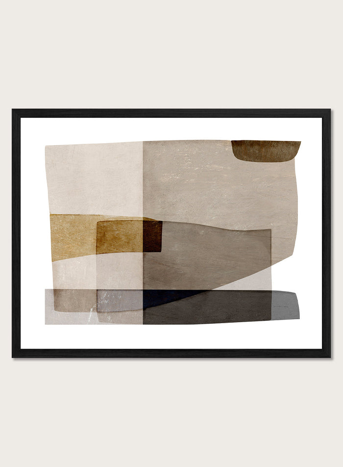 Framed abstract wall art featuring layered geometric shapes in beige, taupe, brown, gray, and black on a white mat, shown against a light warm gray background. Shop Transform by Dan Hobday, a contemporary abstract wall art print featuring layered geometric forms, soft brown and taupe tones, and textured neutral detail.