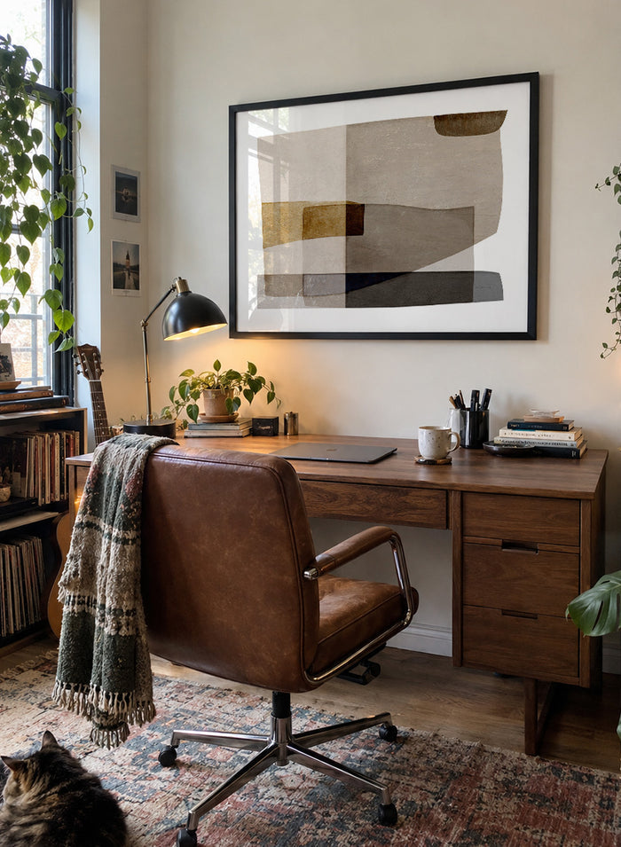 Framed abstract wall art featuring layered geometric shapes in beige, taupe, brown, gray, and black on a white mat, shown against a light warm gray background. Shop Transform by Dan Hobday, a contemporary abstract wall art print featuring layered geometric forms, soft brown and taupe tones, and textured neutral detail.