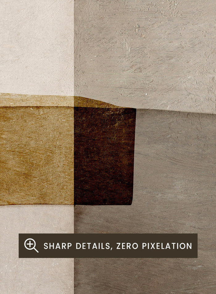 Framed abstract wall art featuring layered geometric shapes in beige, taupe, brown, gray, and black on a white mat, shown against a light warm gray background. Shop Transform by Dan Hobday, a contemporary abstract wall art print featuring layered geometric forms, soft brown and taupe tones, and textured neutral detail.
