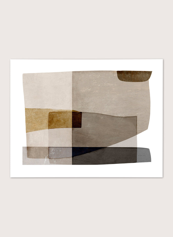 Framed abstract wall art featuring layered geometric shapes in beige, taupe, brown, gray, and black on a white mat, shown against a light warm gray background. Shop Transform by Dan Hobday, a contemporary abstract wall art print featuring layered geometric forms, soft brown and taupe tones, and textured neutral detail.