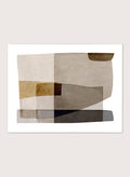 Framed abstract wall art featuring layered geometric shapes in beige, taupe, brown, gray, and black on a white mat, shown against a light warm gray background. Shop Transform by Dan Hobday, a contemporary abstract wall art print featuring layered geometric forms, soft brown and taupe tones, and textured neutral detail.