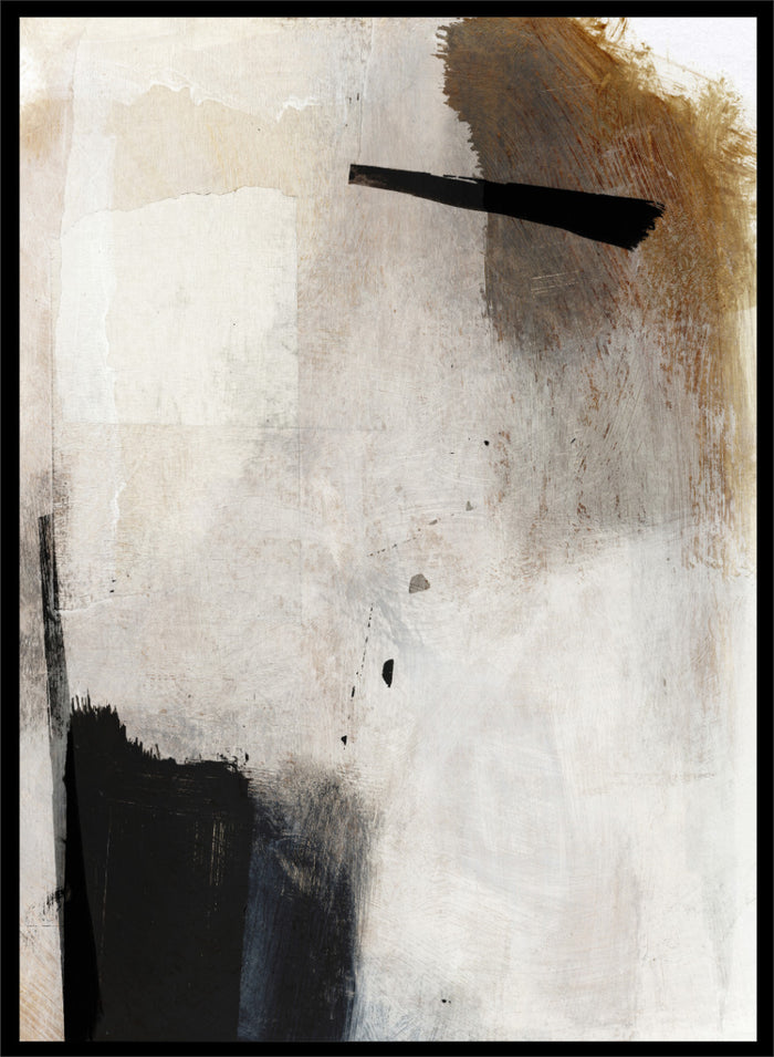 Abstract mixed-media painting with layered off-white, beige, brown, and black brushstrokes. Shop Whole Day by Dan Hobday, a neutral abstract art print with bold black forms, soft earthy tones, layered brushwork, and a modern minimalist feel.