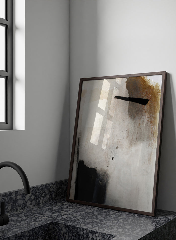 Abstract mixed-media painting with layered off-white, beige, brown, and black brushstrokes. Shop Whole Day by Dan Hobday, a neutral abstract art print with bold black forms, soft earthy tones, layered brushwork, and a modern minimalist feel.