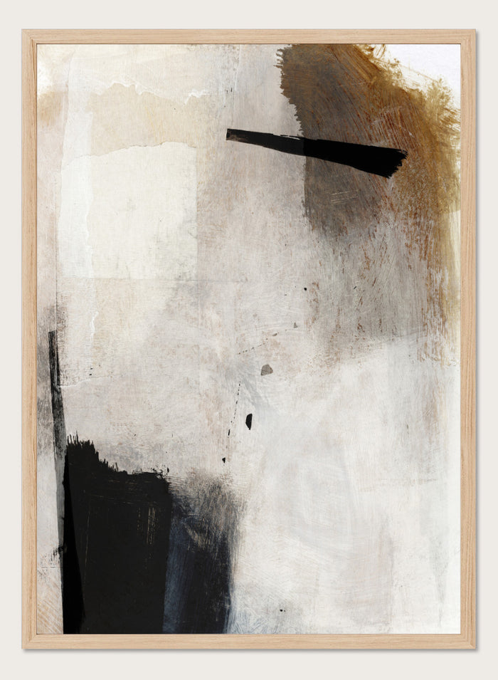 Abstract mixed-media painting with layered off-white, beige, brown, and black brushstrokes. Shop Whole Day by Dan Hobday, a neutral abstract art print with bold black forms, soft earthy tones, layered brushwork, and a modern minimalist feel.