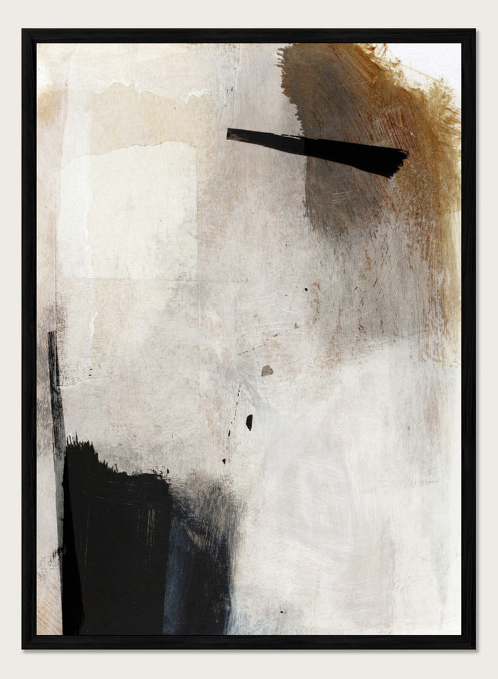 Abstract mixed-media painting with layered off-white, beige, brown, and black brushstrokes. Shop Whole Day by Dan Hobday, a neutral abstract art print with bold black forms, soft earthy tones, layered brushwork, and a modern minimalist feel.