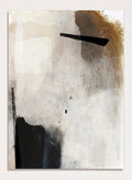Abstract mixed-media painting with layered off-white, beige, brown, and black brushstrokes. Shop Whole Day by Dan Hobday, a neutral abstract art print with bold black forms, soft earthy tones, layered brushwork, and a modern minimalist feel.