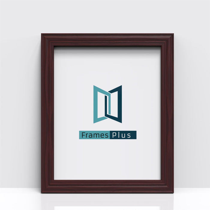 Mahogany picture and poster frame showcasing the Frames Plus logo against a clean background.