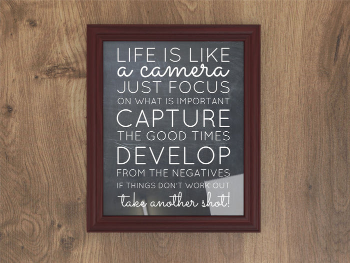 Devon Range mahogany picture and poster frame displaying an inspirational quote about life and photography.