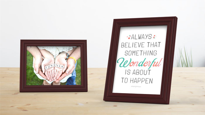Devon Range mahogany picture and poster frame displaying a photo and inspirational quote.