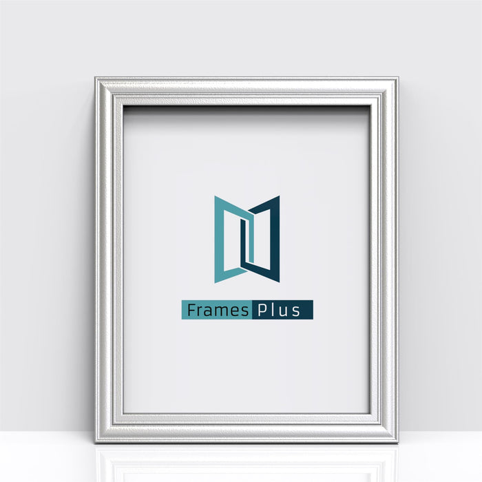 Silver picture and poster frames showcasing the Frames Plus logo in a sleek design.