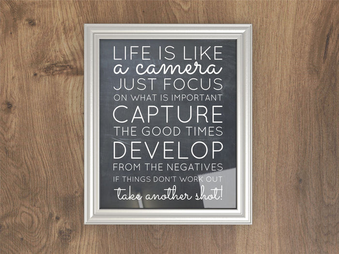Silver picture and poster frames featuring inspirational quote 'Life is like a camera' on wood background.