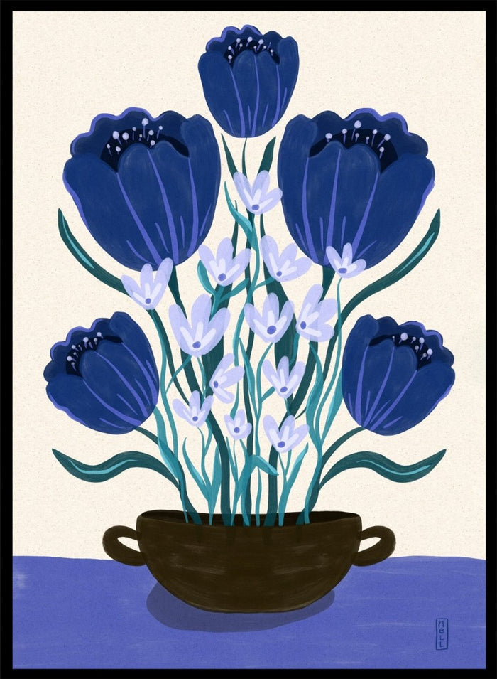 Artistic depiction of blue flowers in a black pot on a beige background. Blue Floral Arrangement by Dirkie Nell is a botanical floral art print featuring deep blue flowers, folk inspired illustration, modern wall art, and expressive hand painted details.