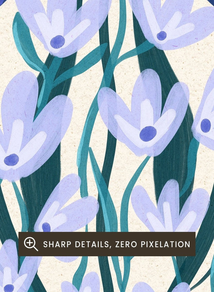 Artistic depiction of blue flowers in a black pot on a beige background. Blue Floral Arrangement by Dirkie Nell is a botanical floral art print featuring deep blue flowers, folk inspired illustration, modern wall art, and expressive hand painted details.