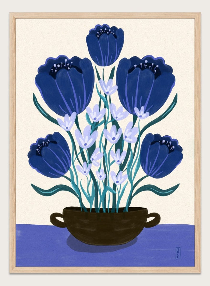 Artistic depiction of blue flowers in a black pot on a beige background. Blue Floral Arrangement by Dirkie Nell is a botanical floral art print featuring deep blue flowers, folk inspired illustration, modern wall art, and expressive hand painted details.