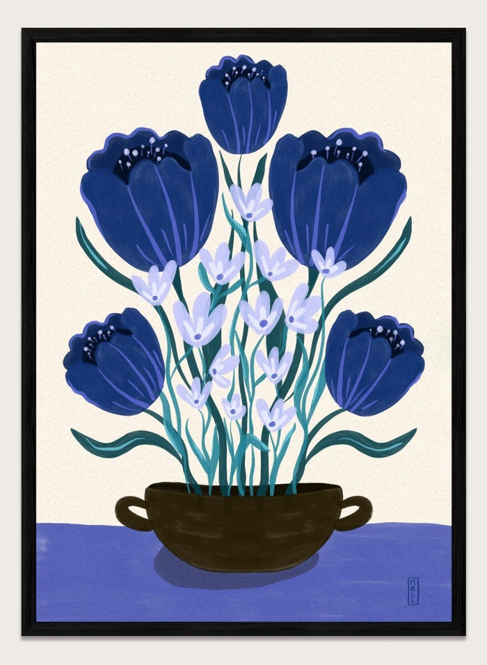 Artistic depiction of blue flowers in a black pot on a beige background. Blue Floral Arrangement by Dirkie Nell is a botanical floral art print featuring deep blue flowers, folk inspired illustration, modern wall art, and expressive hand painted details.