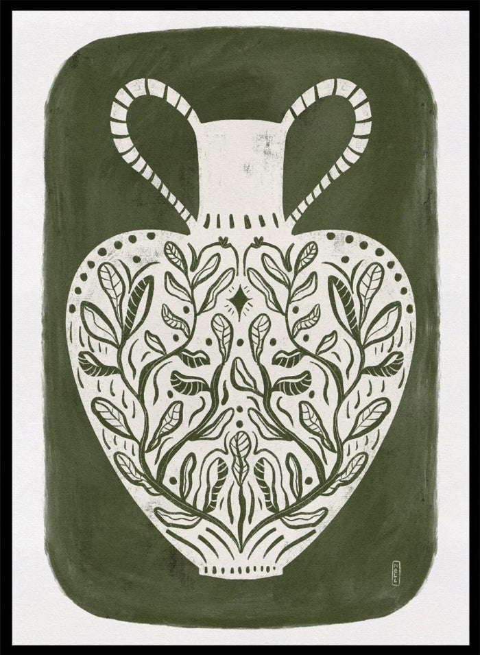 Botanical Folk Vase by Dirkie Nell is a modern folk art print featuring botanical vase illustration, olive green tones, and hand drawn Scandinavian inspired wall art.