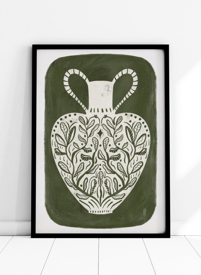 Botanical Folk Vase by Dirkie Nell is a modern folk art print featuring botanical vase illustration, olive green tones, and hand drawn Scandinavian inspired wall art.