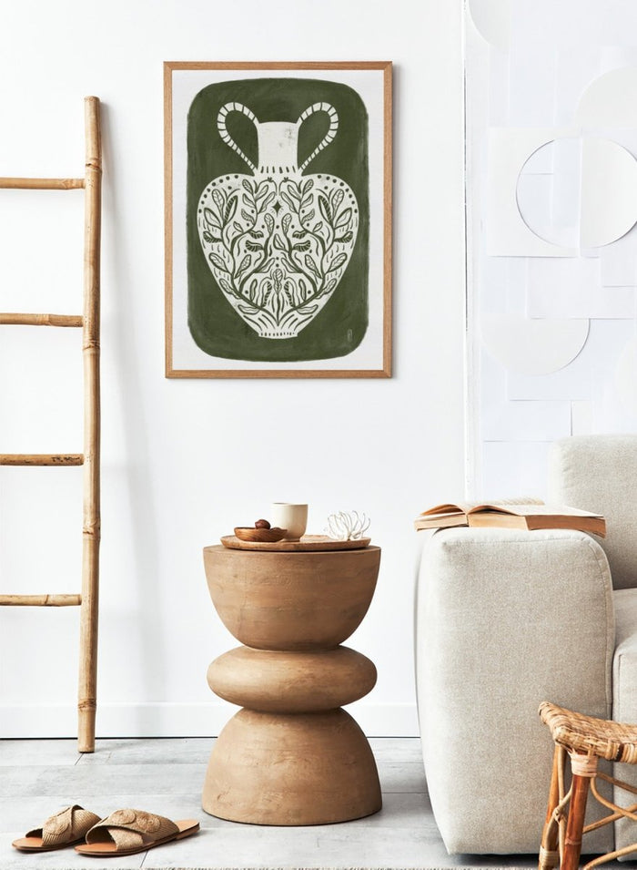 Botanical Folk Vase by Dirkie Nell is a modern folk art print featuring botanical vase illustration, olive green tones, and hand drawn Scandinavian inspired wall art.