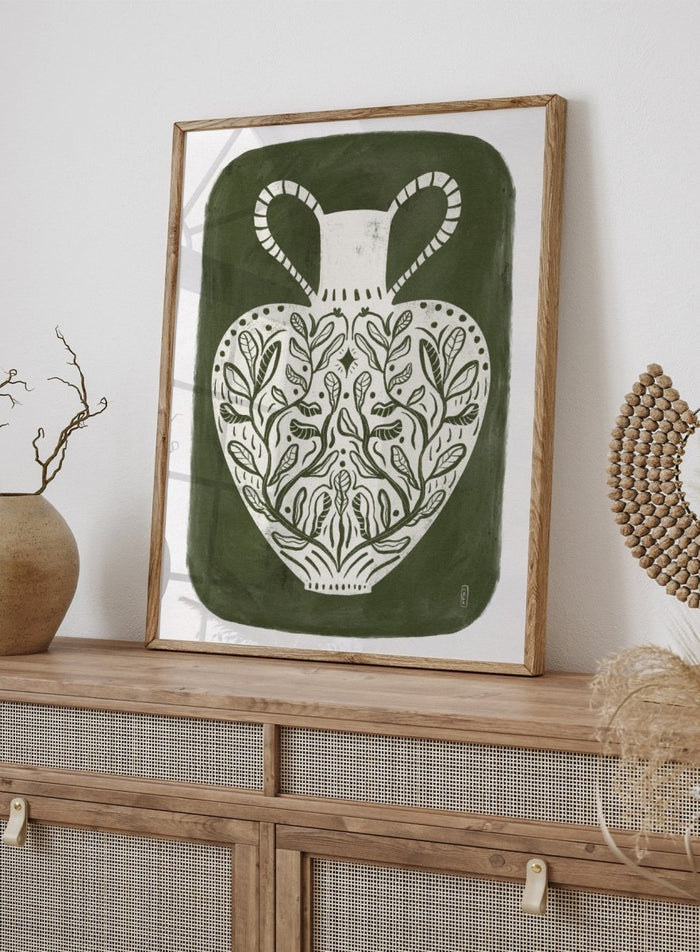 Botanical Folk Vase by Dirkie Nell is a modern folk art print featuring botanical vase illustration, olive green tones, and hand drawn Scandinavian inspired wall art.