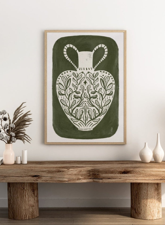 Botanical Folk Vase by Dirkie Nell is a modern folk art print featuring botanical vase illustration, olive green tones, and hand drawn Scandinavian inspired wall art.