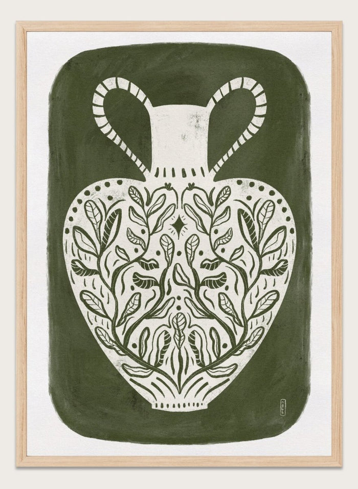 Botanical Folk Vase by Dirkie Nell is a modern folk art print featuring botanical vase illustration, olive green tones, and hand drawn Scandinavian inspired wall art.