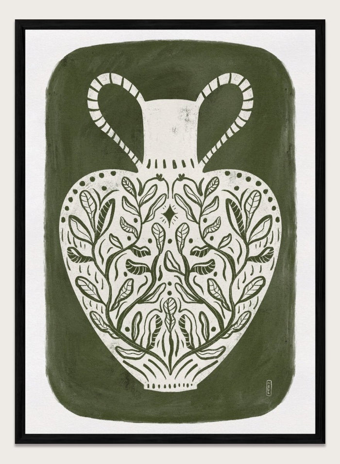 Botanical Folk Vase by Dirkie Nell is a modern folk art print featuring botanical vase illustration, olive green tones, and hand drawn Scandinavian inspired wall art.