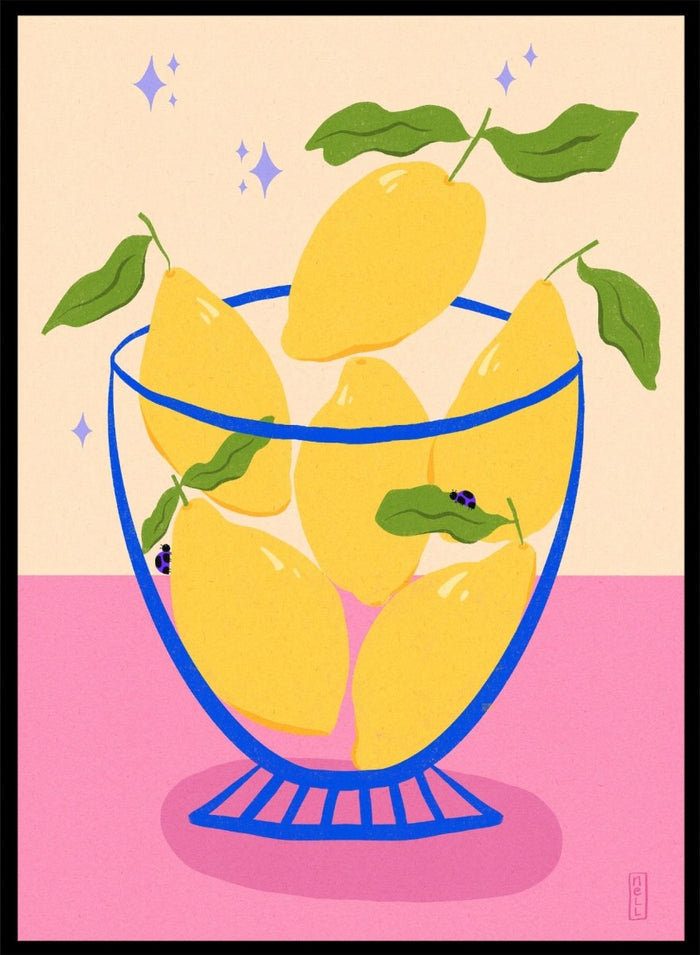 Illustration of lemons in a glass bowl with green leaves on a pink and beige background. Blue Floral Arrangement by Dirkie Nell is a botanical floral art print featuring deep blue flowers, folk inspired illustration, modern wall art, and expressive hand painted details.