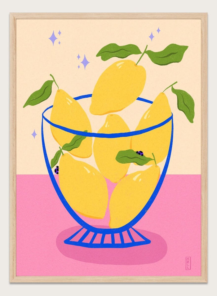 Illustration of lemons in a glass bowl with green leaves on a pink and beige background. Blue Floral Arrangement by Dirkie Nell is a botanical floral art print featuring deep blue flowers, folk inspired illustration, modern wall art, and expressive hand painted details.