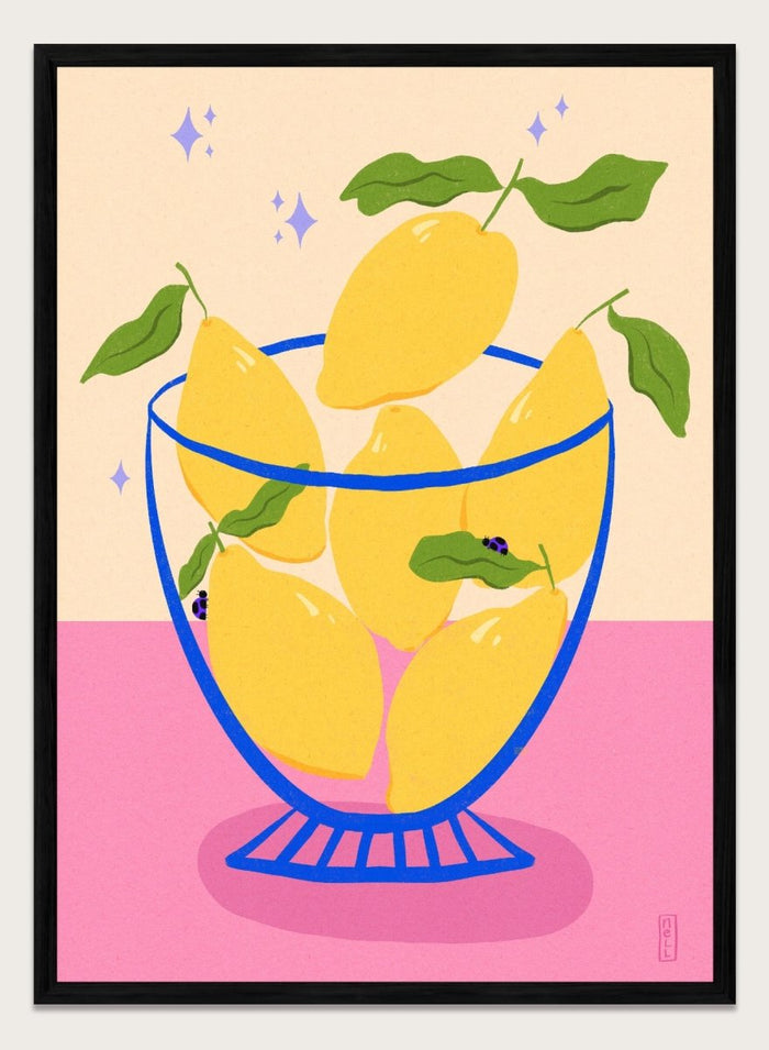 Illustration of lemons in a glass bowl with green leaves on a pink and beige background. Blue Floral Arrangement by Dirkie Nell is a botanical floral art print featuring deep blue flowers, folk inspired illustration, modern wall art, and expressive hand painted details.