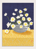 A stylized floral still life artwork showing white daisies with yellow centers in a gray striped bowl, set against a dark navy background and a yellow patterned surface. Shop Cheerful Daisy Arrangement by Dirkie Nell, a colorful floral art print featuring white daisies, a striped vase, navy blue background, and mustard yellow pattern.