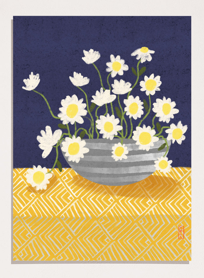 A stylized floral still life artwork showing white daisies with yellow centers in a gray striped bowl, set against a dark navy background and a yellow patterned surface. Shop Cheerful Daisy Arrangement by Dirkie Nell, a colorful floral art print featuring white daisies, a striped vase, navy blue background, and mustard yellow pattern.