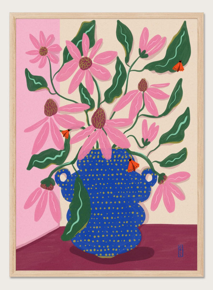 Artistic depiction of a blue vase with pink flowers on a pink background. Cone Flowers in a Pot by Dirkie Nell is a colorful floral art print with pink blooms, butterflies, and a bold blue vase. Officially licensed wall poster.
