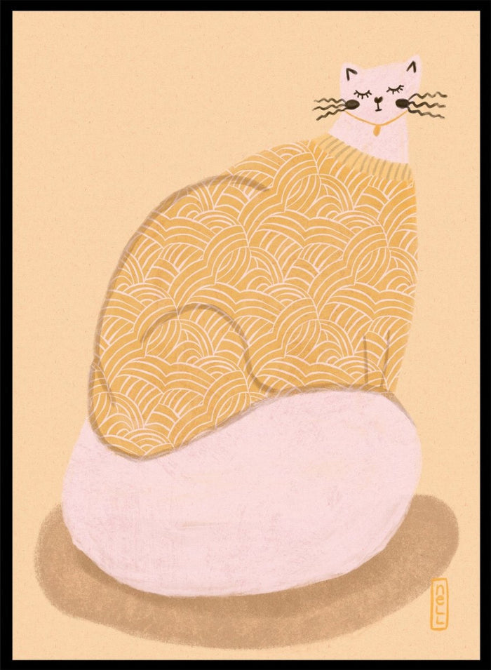Cozy Cat in Sweater by Dirkie Nell is a modern cat art print with soft pastel tones, playful illustration details, and cozy hand drawn aesthetic wall art.