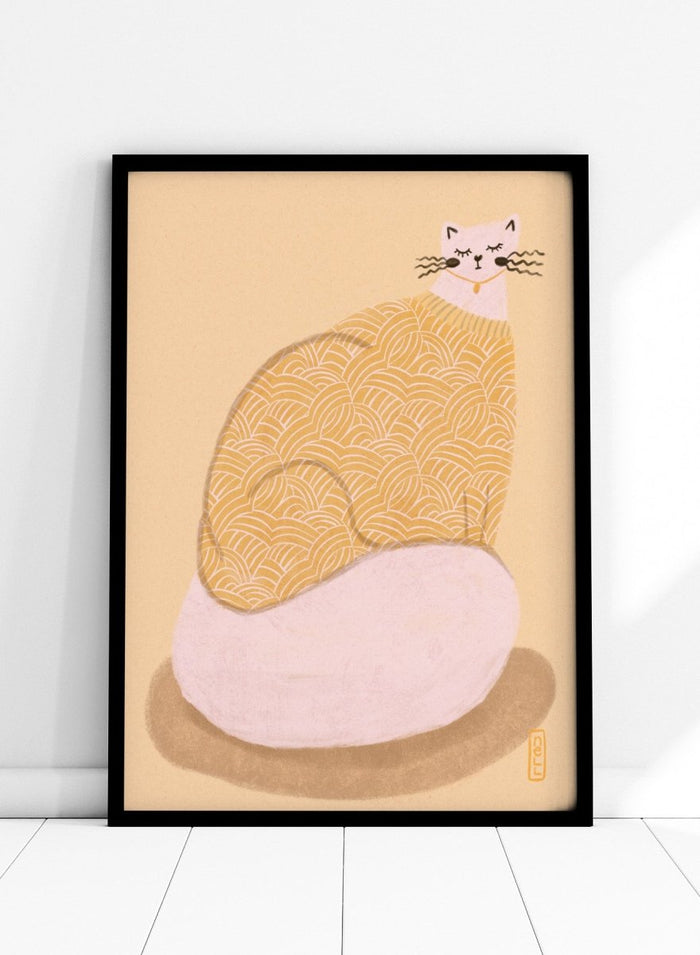 Cozy Cat in Sweater by Dirkie Nell is a modern cat art print with soft pastel tones, playful illustration details, and cozy hand drawn aesthetic wall art.