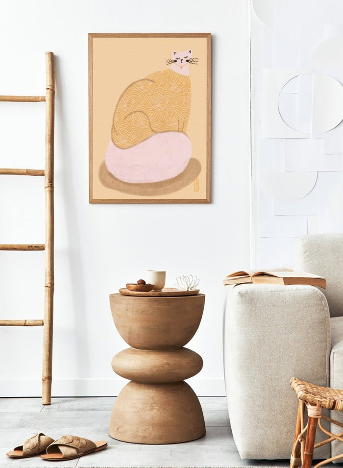 Cozy Cat in Sweater by Dirkie Nell is a modern cat art print with soft pastel tones, playful illustration details, and cozy hand drawn aesthetic wall art.
