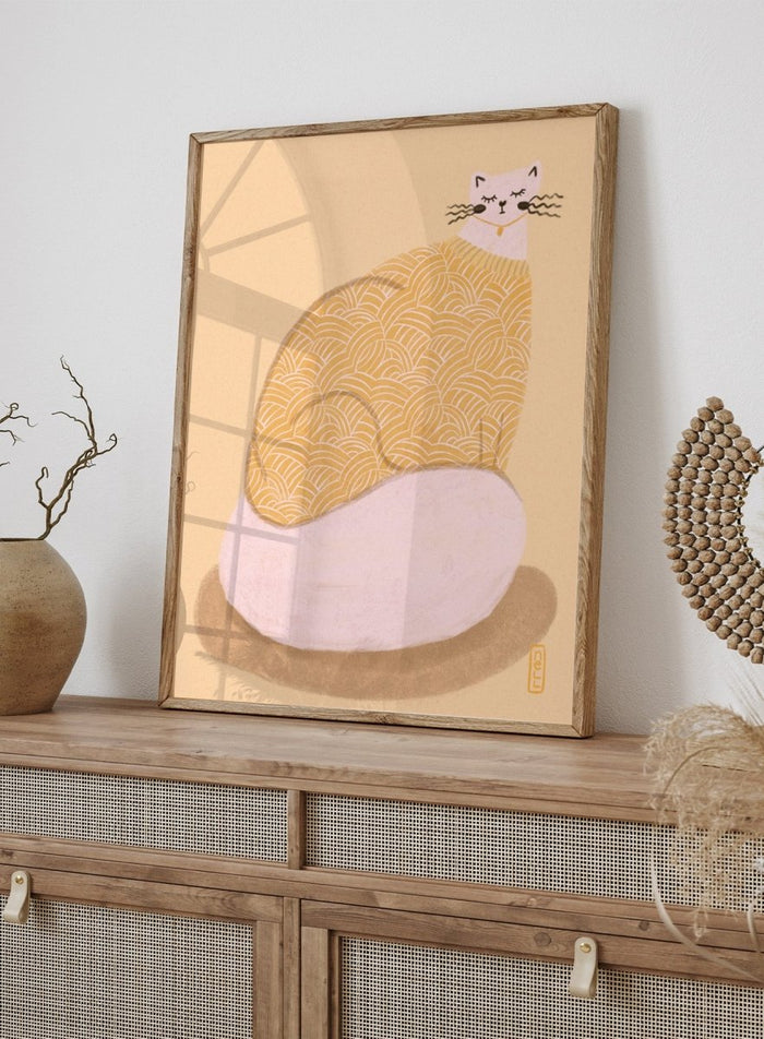Cozy Cat in Sweater by Dirkie Nell is a modern cat art print with soft pastel tones, playful illustration details, and cozy hand drawn aesthetic wall art.