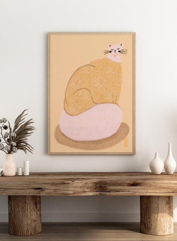 Cozy Cat in Sweater by Dirkie Nell is a modern cat art print with soft pastel tones, playful illustration details, and cozy hand drawn aesthetic wall art.