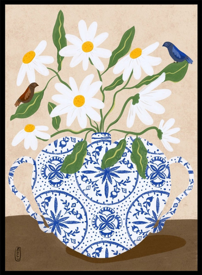Decorative illustration of a blue and white teapot with daisies and birds on a beige background. Daisies In Blue Teapot by Dirkie Nell is a floral art print featuring white daisies, blue pottery, birds, and hand painted botanical details.